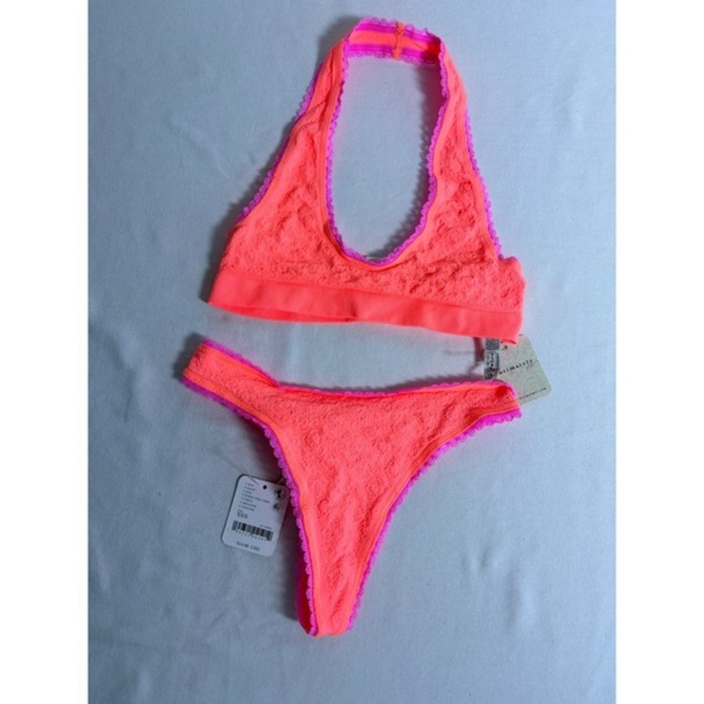 Free People Intimately Lingerie Set XS small Coral Lace Halter Bralette Thong